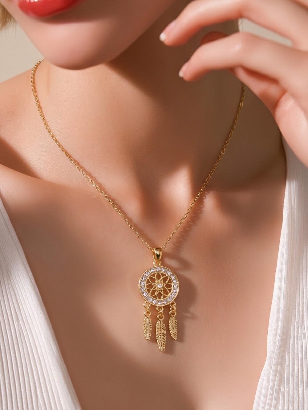 Gold Dreamcatcher Pendant Necklace Stainless Steel CZ Feather Boho Chic Jewelry